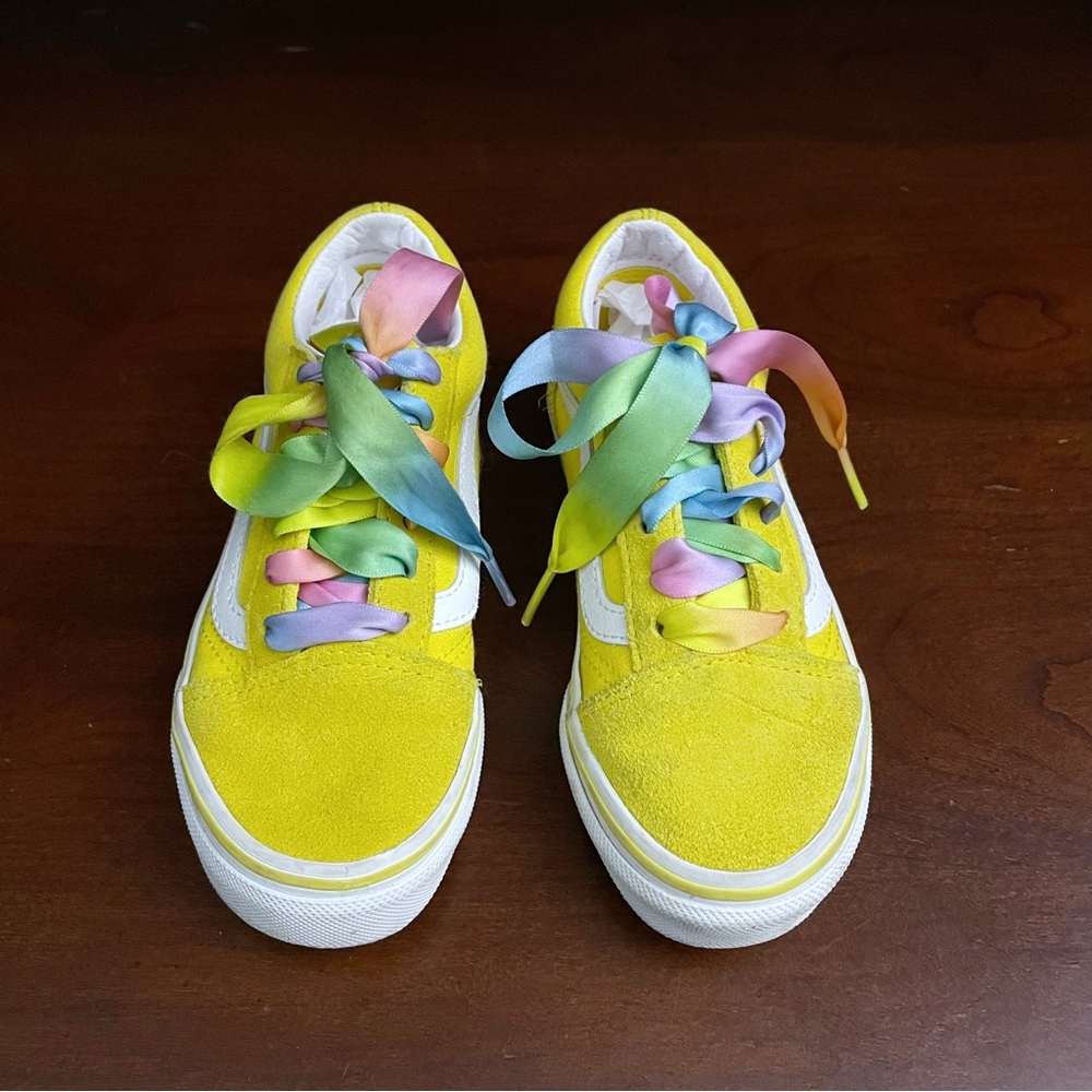 Vans Old Skool Yellow Suede Sneakers Satin Multicolor Pastel Lace, Girls' 12